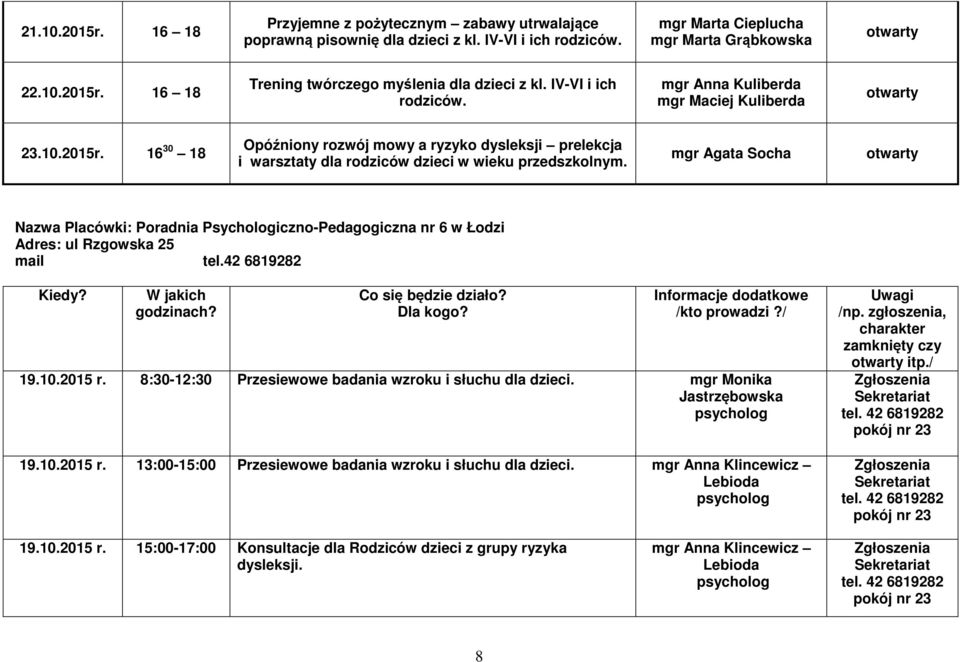 mgr Agata Socha Nazwa Placówki: Poradnia Psychologiczno-Pedagogiczna nr 6 w Łodzi Adres: ul Rzgowska 25 mail tel.42 6819282 19.10.2015 r. 8:30-12:30 Przesiewowe badania wzroku i słuchu dla dzieci.