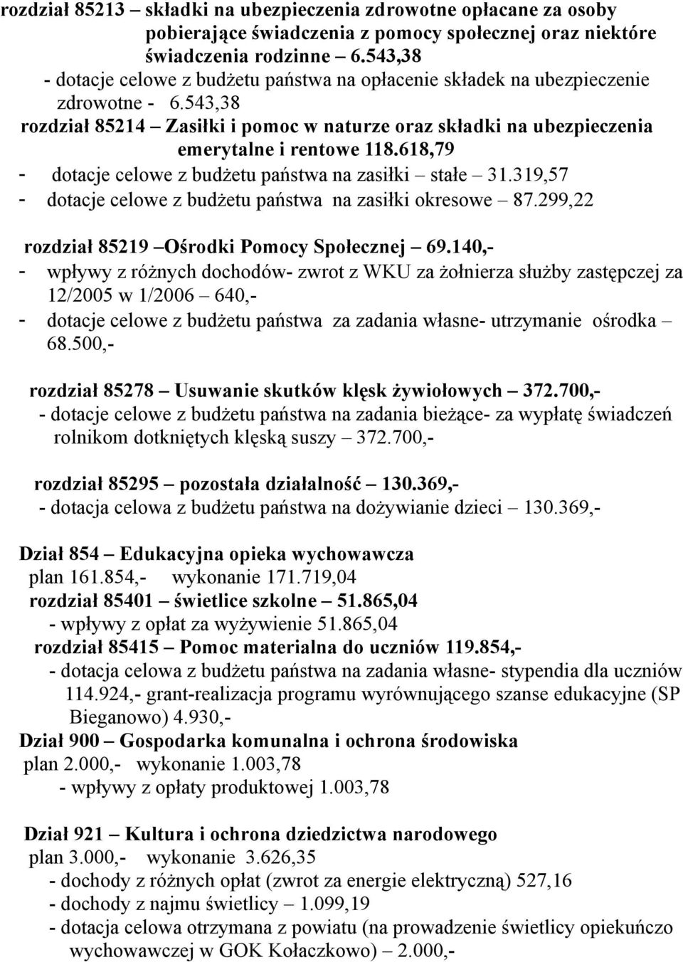 618,79 - dotacje celowe z budżetu państwa na zasiłki stałe 31.319,57 - dotacje celowe z budżetu państwa na zasiłki okresowe 87.299,22 rozdział 85219 Ośrodki Pomocy Społecznej 69.