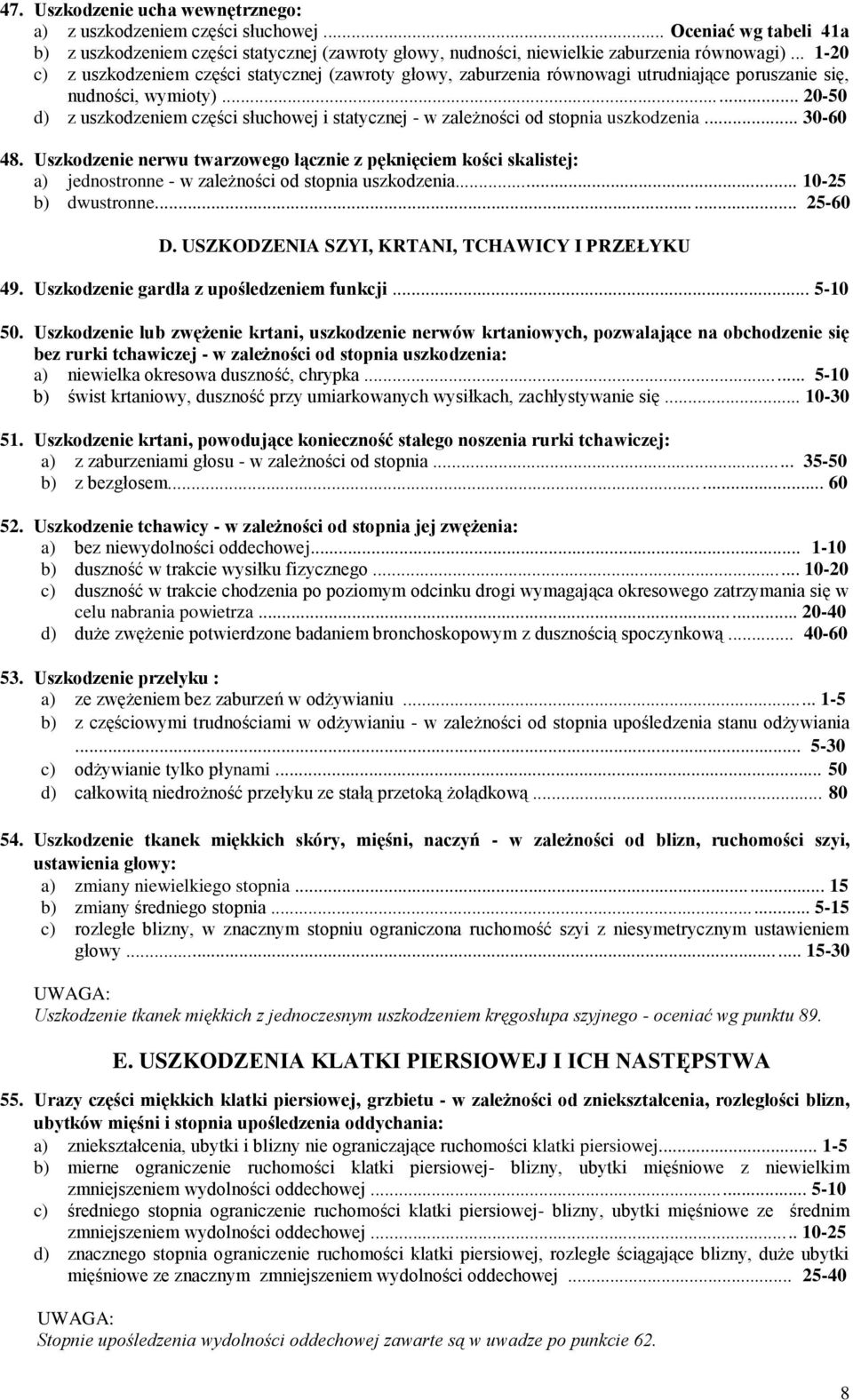 .. 20-50 d) z uszkodzeniem części słuchowej i statycznej - w zależności od stopnia uszkodzenia... 30-60 48.