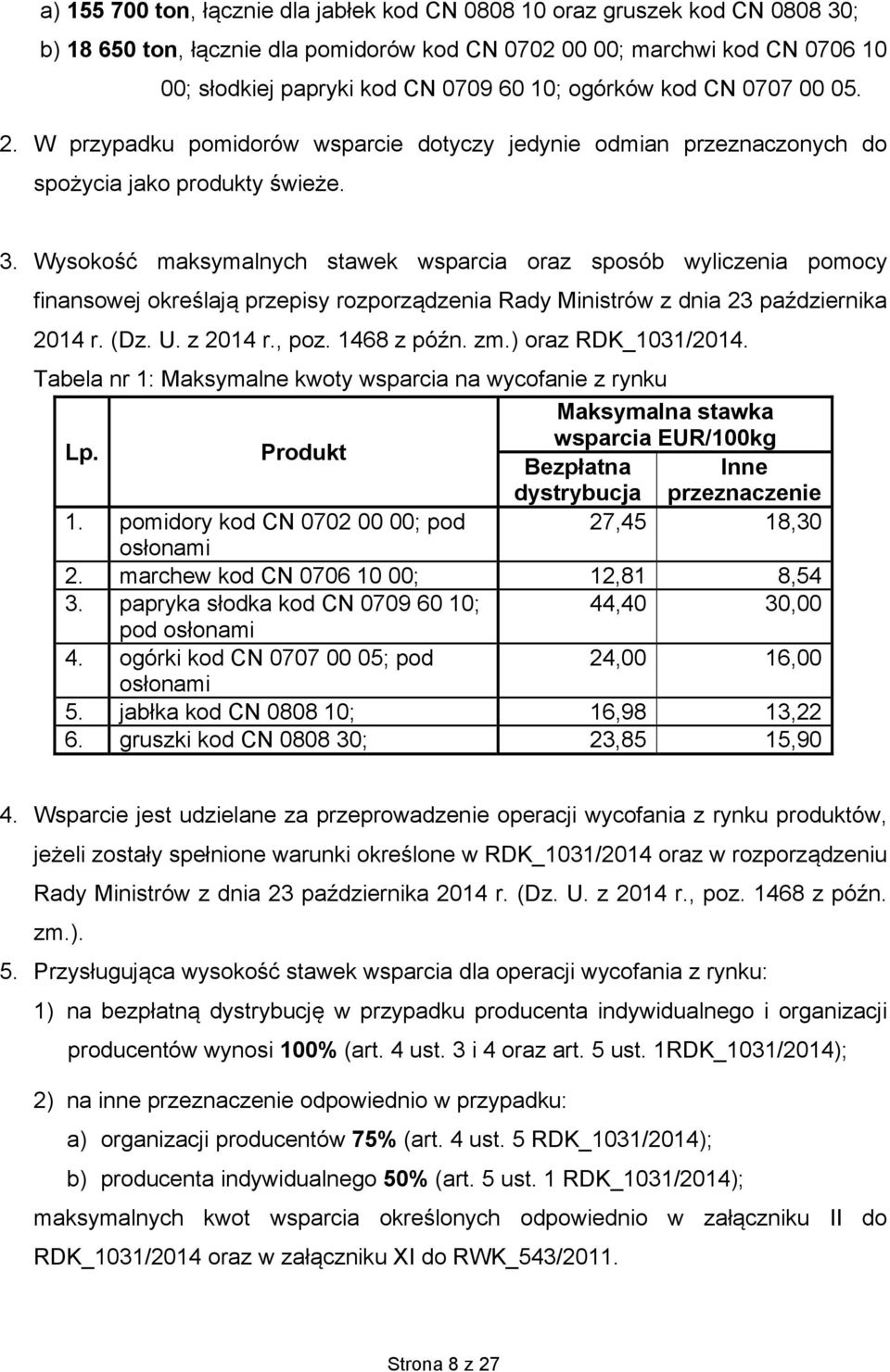 Wysokość maksymalnych stawek wsparcia oraz sposób wyliczenia pomocy finansowej określają przepisy rozporządzenia Rady Ministrów z dnia 23 października 2014 r. (Dz. U. z 2014 r., poz. 1468 z późn. zm.