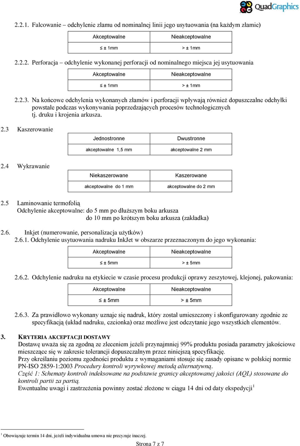3 Kaszerowanie Jednostronne akceptowalne 1,5 mm Dwustronne akceptowalne 2 mm 2.4 Wykrawanie Niekaszerowane akceptowalne do 1 mm Kaszerowane akceptowalne do 2 mm 2.