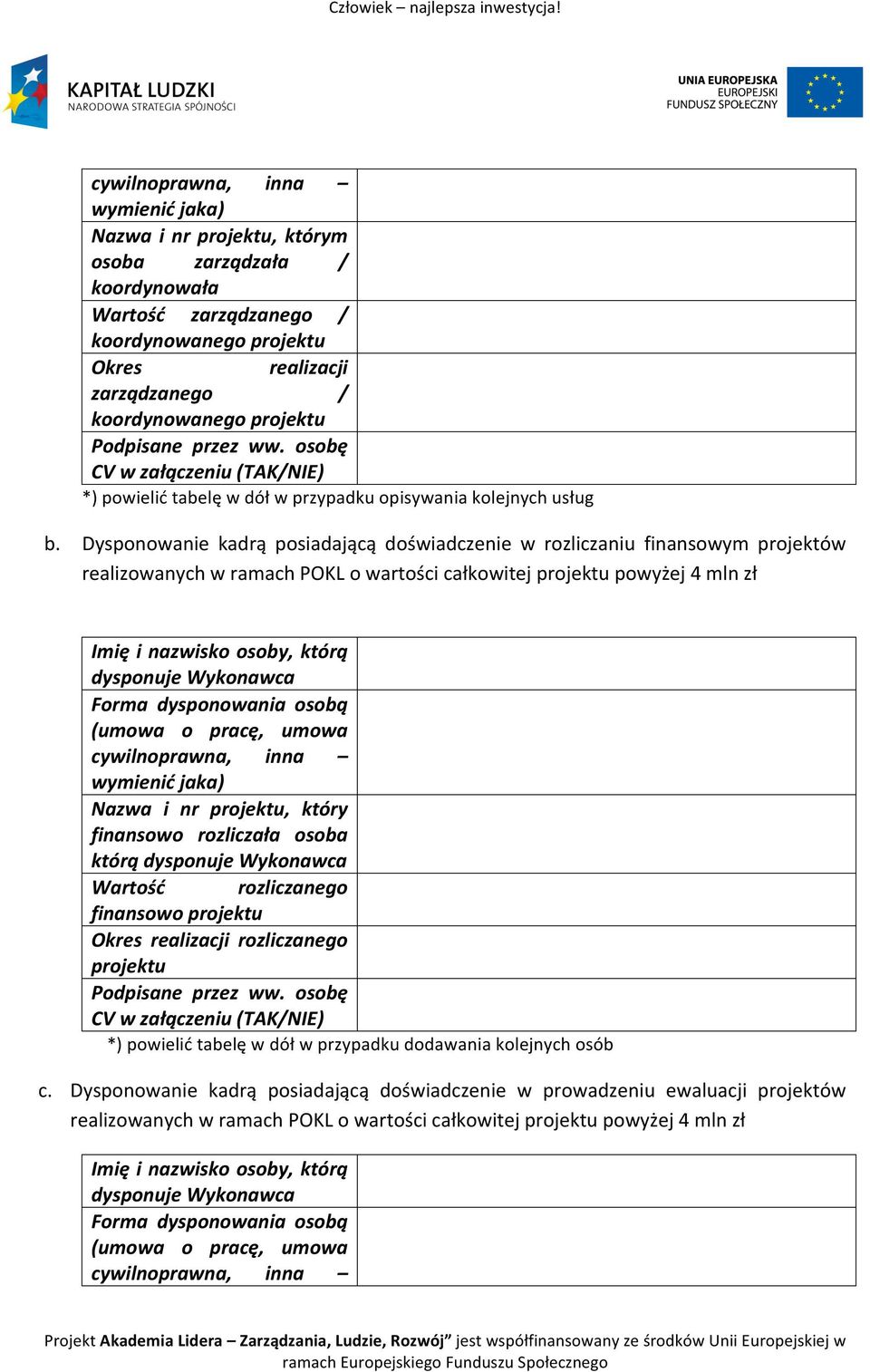 Dysponowanie kadrą posiadającą doświadczenie w rozliczaniu finansowym projektów realizowanych w ramach POKL o wartości całkowitej projektu powyżej 4 mln zł Imię i nazwisko osoby, którą dysponuje