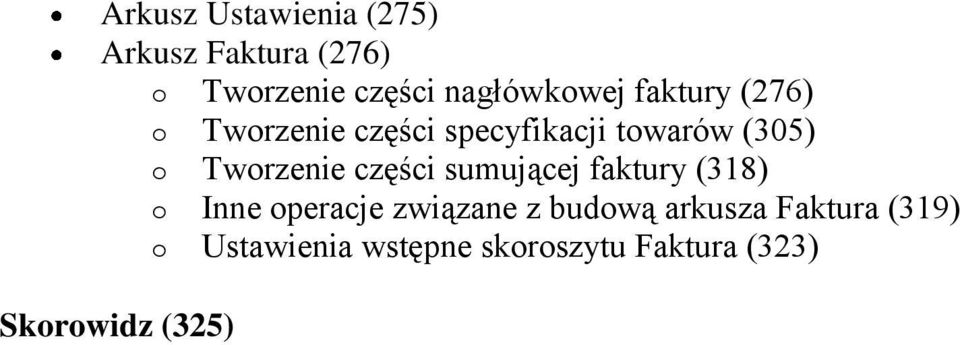 Tworzenie części sumującej faktury (318) o Inne operacje związane z