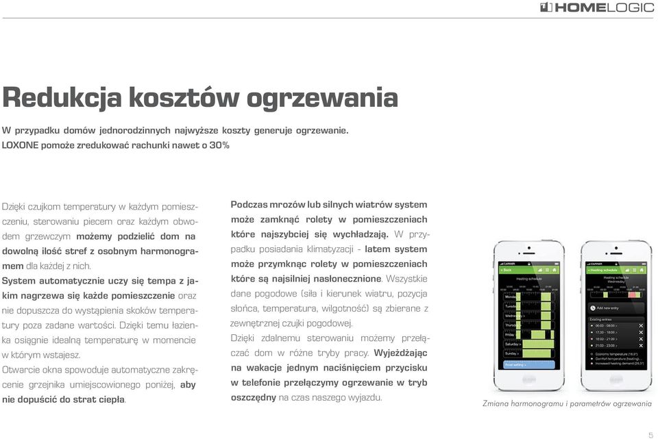 harmonogramem dla każdej z nich. System automatycznie uczy się tempa z jakim nagrzewa się każde pomieszczenie oraz nie dopuszcza do wystąpienia skoków temperatury poza zadane wartości.