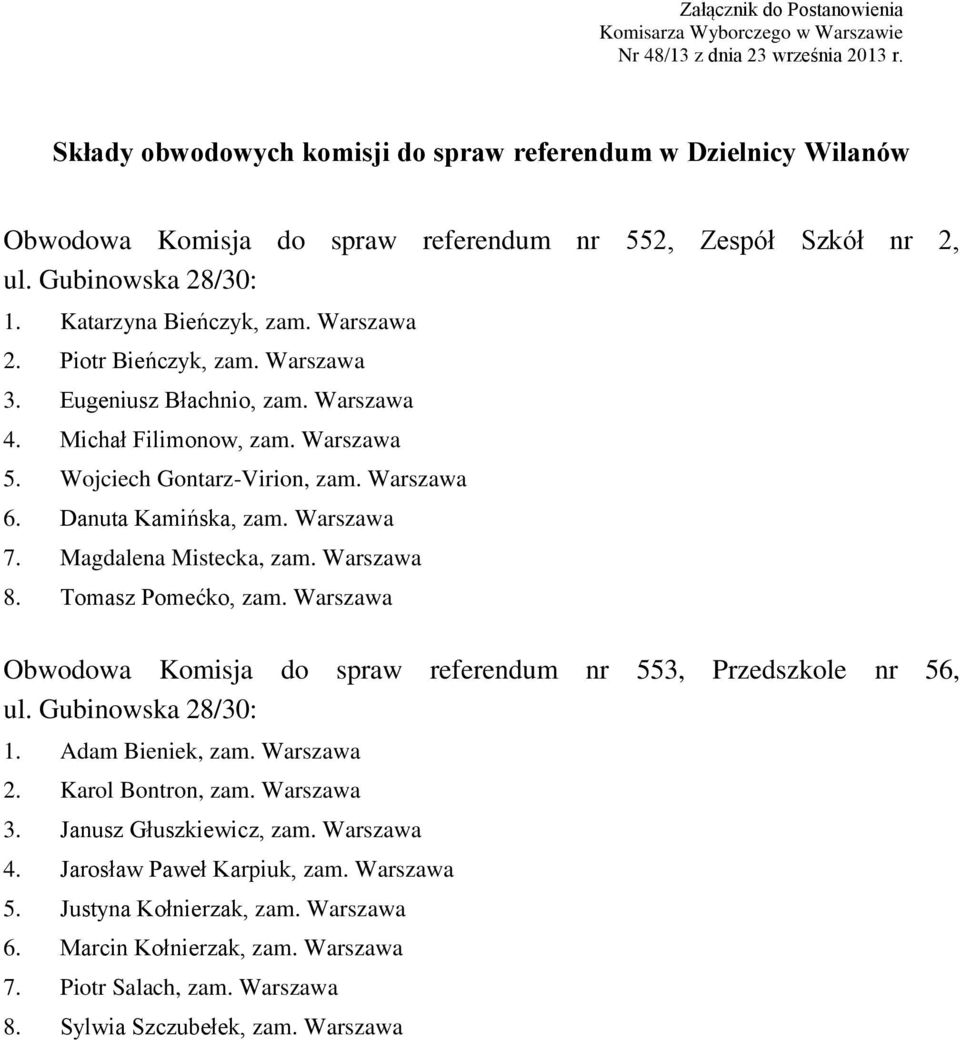 Warszawa 3. Eugeniusz Błachnio, zam. Warszawa 4. Michał Filimonow, zam. Warszawa 5. Wojciech Gontarz-Virion, zam. Warszawa 6. Danuta Kamińska, zam. Warszawa 7. Magdalena Mistecka, zam. Warszawa 8.