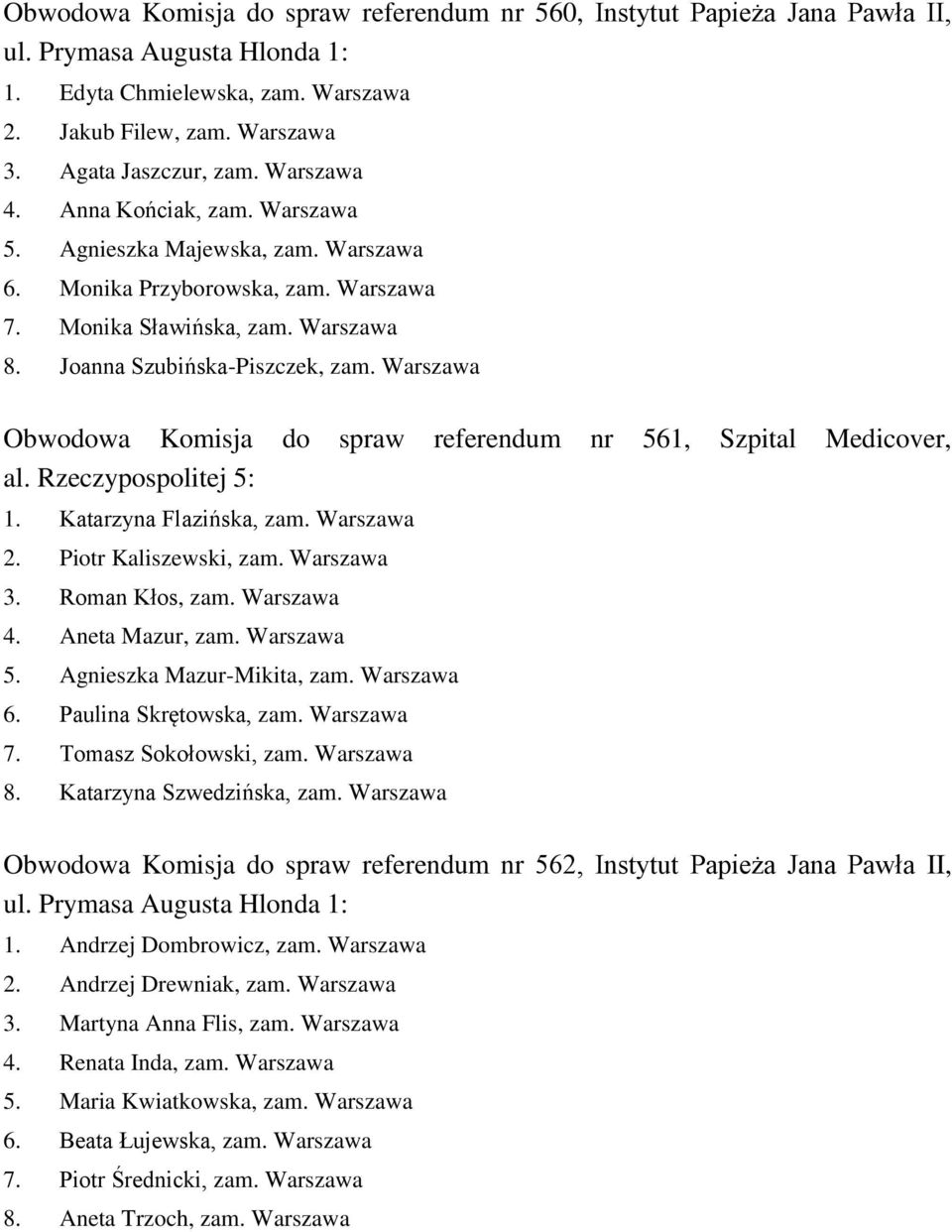 Warszawa Obwodowa Komisja do spraw referendum nr 561, Szpital Medicover, al. Rzeczypospolitej 5: 1. Katarzyna Flazińska, zam. Warszawa 2. Piotr Kaliszewski, zam. Warszawa 3. Roman Kłos, zam.