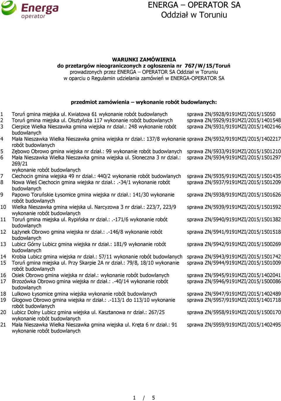 Olsztyńska 117 wykonanie robót sprawa ZN/5929/9191MZI/2015/1401548 3 Cierpice Wielka Nieszawka gmina wiejska nr dział.