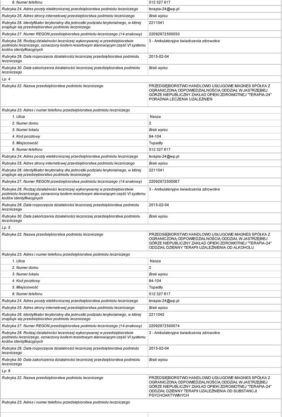 Nazwa przedsiębiorstwa podmiotu 3 Ambulatoryjne świadczenia zdrowotne 2015 02 04 PRZEDSIĘBIORSTWO HANDLOWO USŁUGOWE MAGNES SPÓŁKA Z OGRANICZONĄ ODPOWIEDZIALNOŚCIĄ ODDZIAŁ W JASTRZĘBIEJ GÓRZE