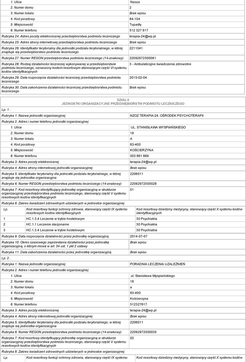 3 Ambulatoryjne świadczenia zdrowotne 2015 02 04 DZIAŁ II JEDNOSTKI ORGANIZACYJNE PRZEDSIĘBIORSTW PODMIOTU LECZNICZEGO NZOZ TERAPIA 24. OŚRODEK PSYCHOTERAPII 1. Ulica UL. STANISŁAWA WYSPIAŃSKIEGO 3.