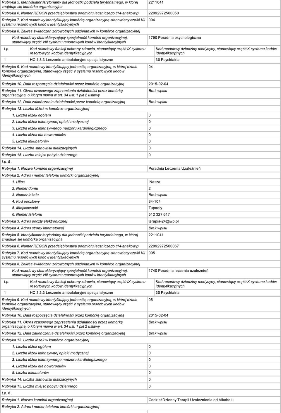 1790 Poradnia psychologiczna 1. Liczba łóżek ogółem 0 Rubryka 15. Liczba miejsc pobytu dziennego 0 5. 04 3.