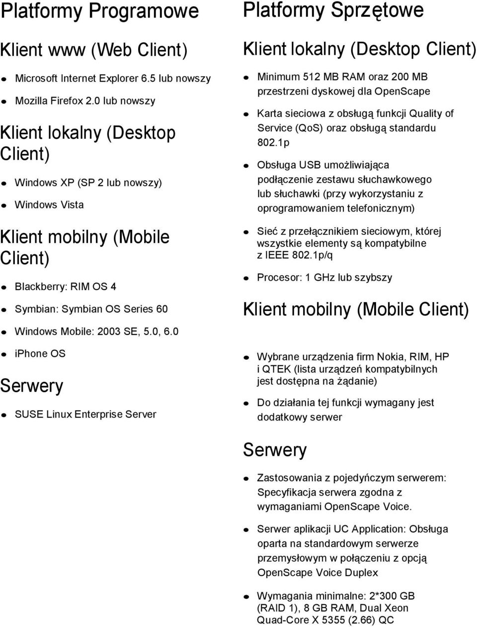 0, 6.0 iphone OS Serwery SUSE Linux Enterprise Server Platformy Sprzętowe Klient lokalny (Desktop Client) Minimum 512 MB RAM oraz 200 MB przestrzeni dyskowej dla OpenScape Karta sieciowa z obsługą
