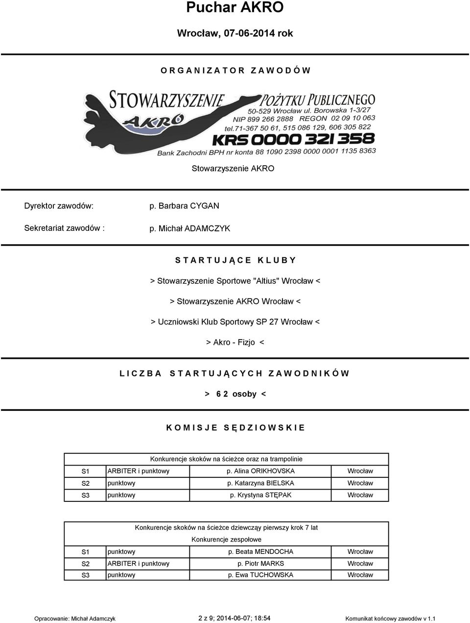 S J E S Ę D Z I O W S K I E S S S Konkurencje skoków na ścieżce oraz na trampolinie ARBITER i punktowy p. Alina ORIKHOVSKA punktowy p. Katarzyna BIELSKA punktowy p.