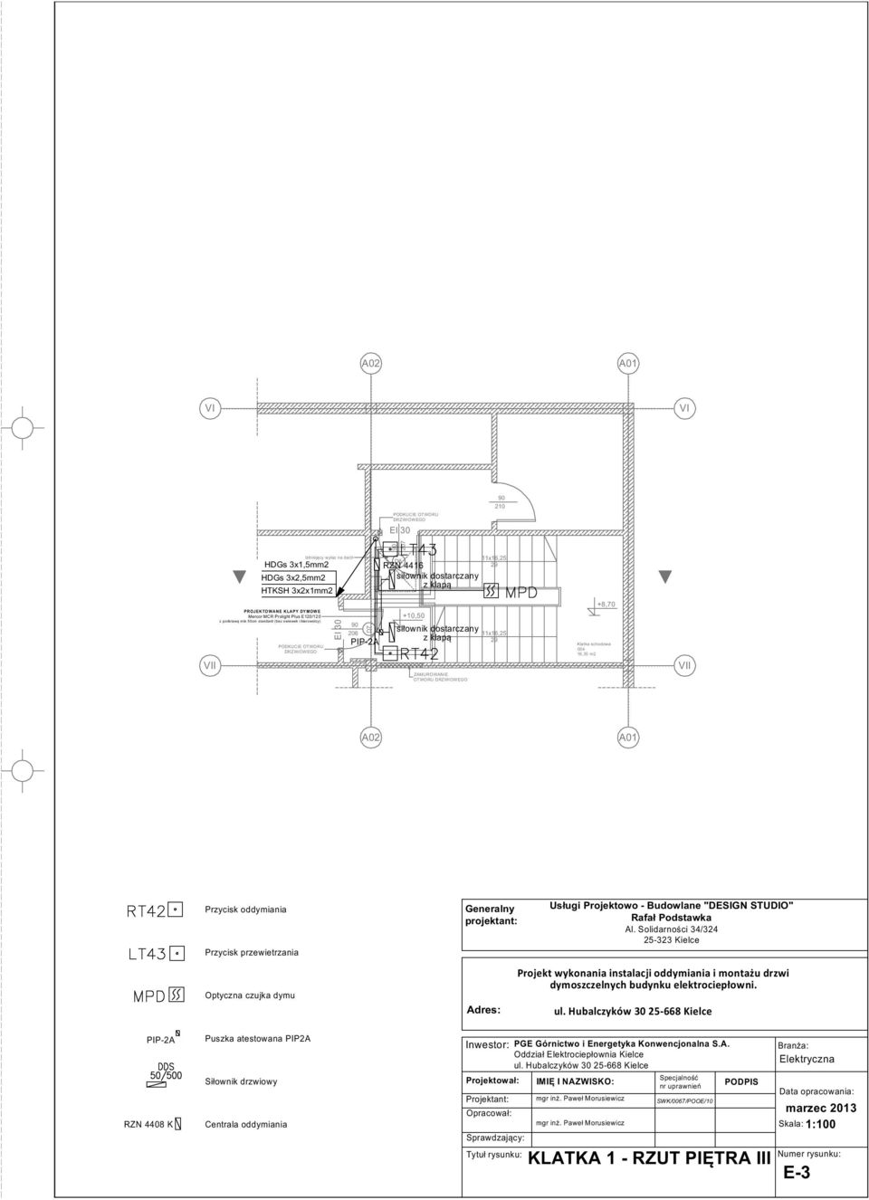 DRZWIOWEGO EI 30 D7 H +8,70 Klatka schodowa 004 18,35 m2 VII A02 A01 Przycisk oddymiania Przycisk przewietrzania Optyczna czujka dymu Generalny projektant: Adres: Usługi Projektowo - Budowlane