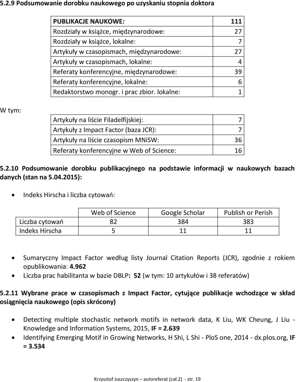 lokalne: 1 W tym: Artykuły na liście Filadelfijskiej: 7 Artykuły z Impact Factor (baza JCR): 7 Artykuły na liście czasopism MNiSW: 36 Referaty konferencyjne w Web of Science: 16 5.2.