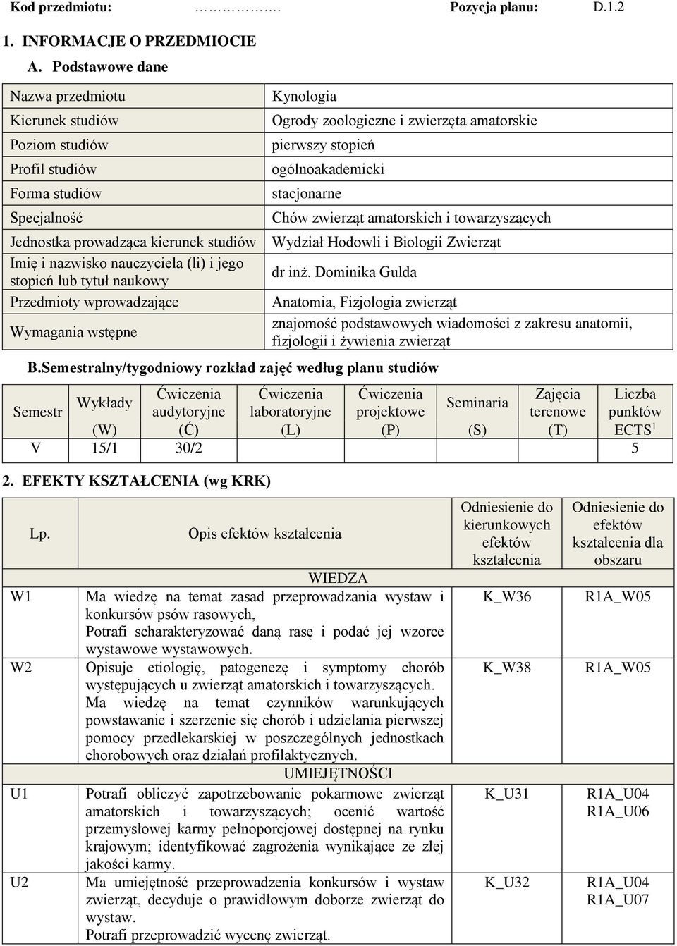 stacjonarne Chów zwierząt amatorskich i towarzyszących Jednostka prowadząca kierunek studiów Wydział Hodowli i Biologii Zwierząt Imię i nazwisko nauczyciela (li) i jego dr inż.