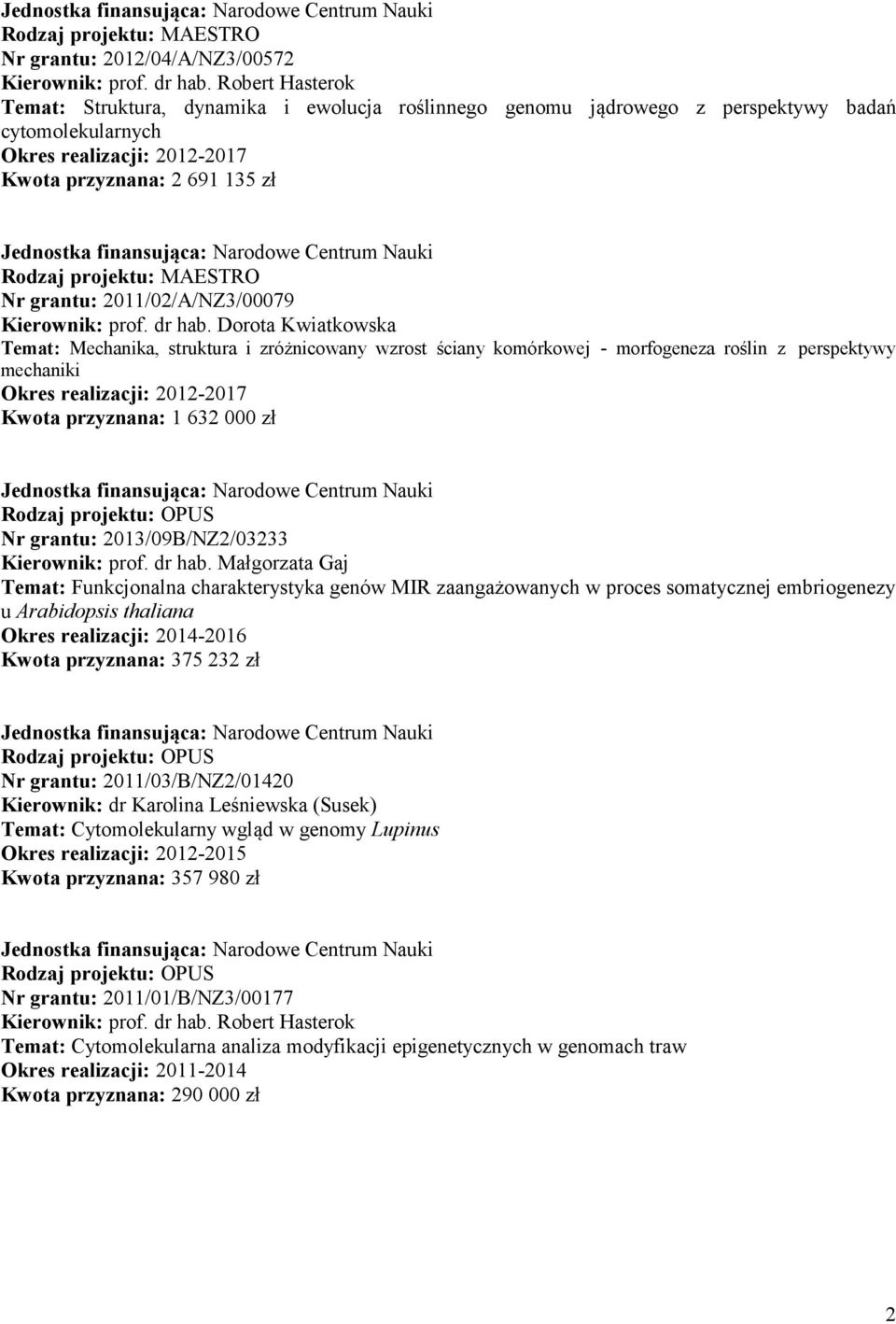 Dorota Kwiatkowska Temat: Mechanika, struktura i zróżnicowany wzrost ściany komórkowej - morfogeneza roślin z perspektywy mechaniki Okres realizacji: 2012-2017 Kwota przyznana: 1 632 000 zł Nr