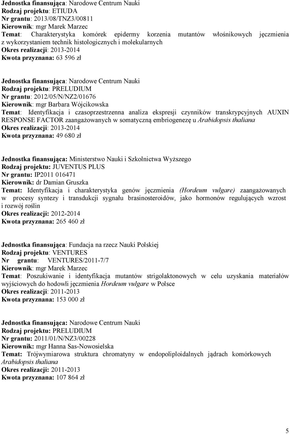 transkrypcyjnych AUXIN RESPONSE FACTOR zaangażowanych w somatyczną embriogenezę u Arabidopsis thaliana Kwota przyznana: 49 680 zł Rodzaj projektu: JUVENTUS PLUS Nr grantu: IP2011 016471 Kierownik: dr