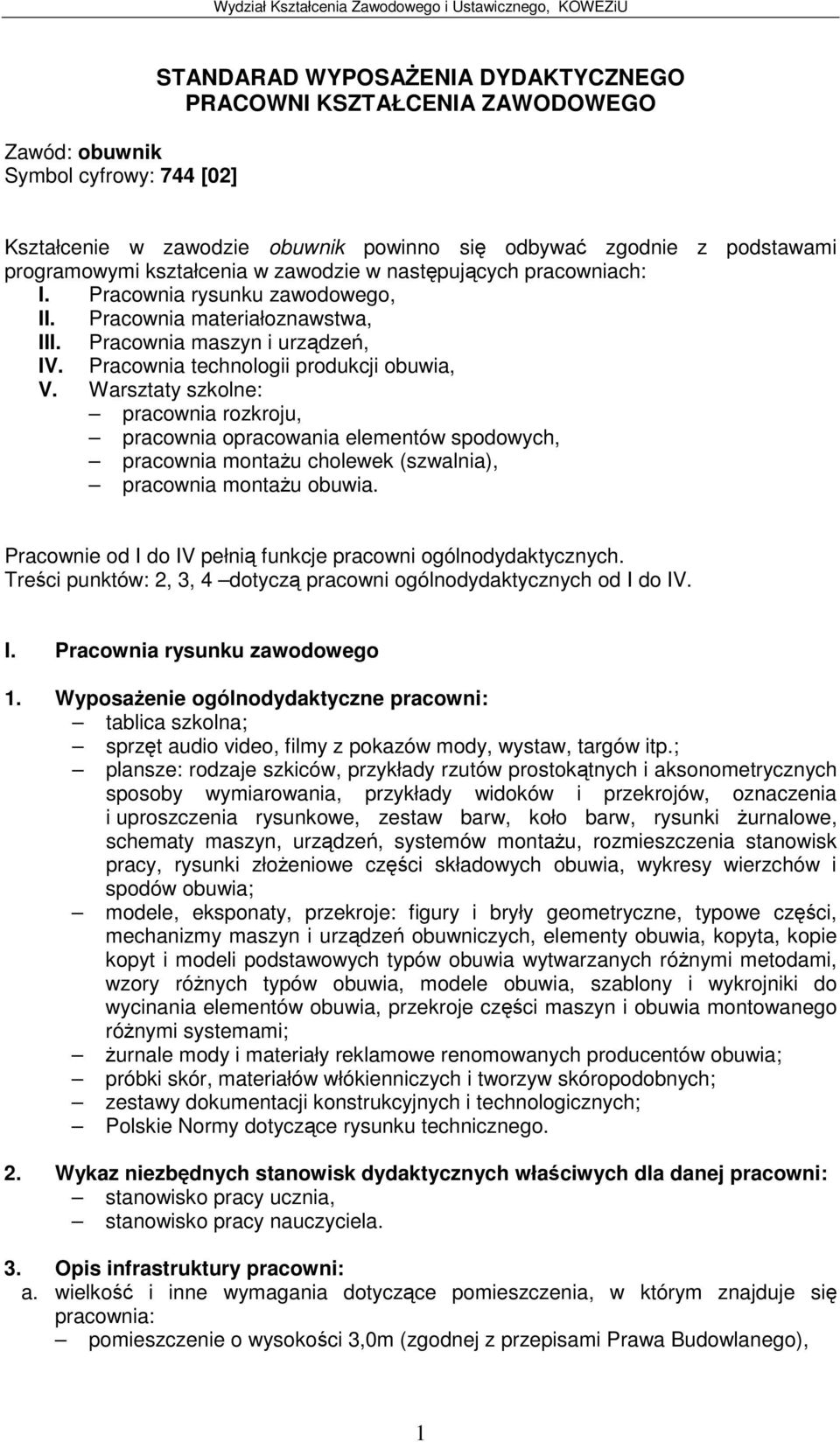 Pracownia maszyn i urzdze, IV. Pracownia technologii produkcji obuwia, V.