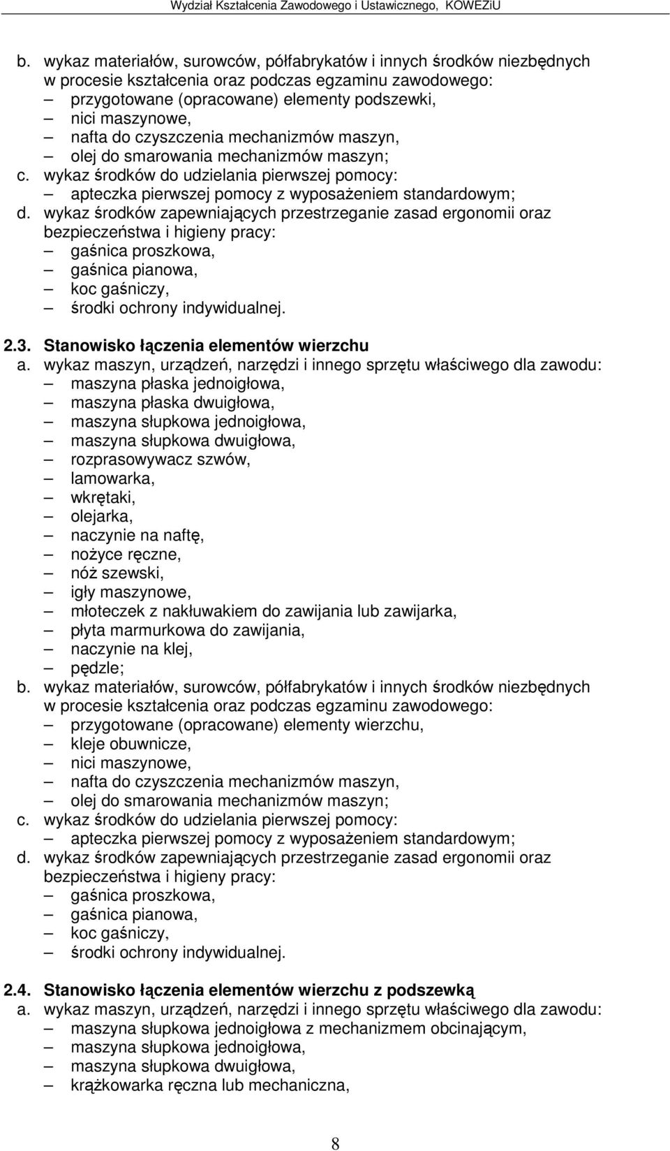 olejarka, naczynie na naft, noyce rczne, igły maszynowe, młoteczek z nakłuwakiem do zawijania lub zawijarka, płyta marmurkowa do zawijania, naczynie na klej, pdzle; przygotowane (opracowane) elementy