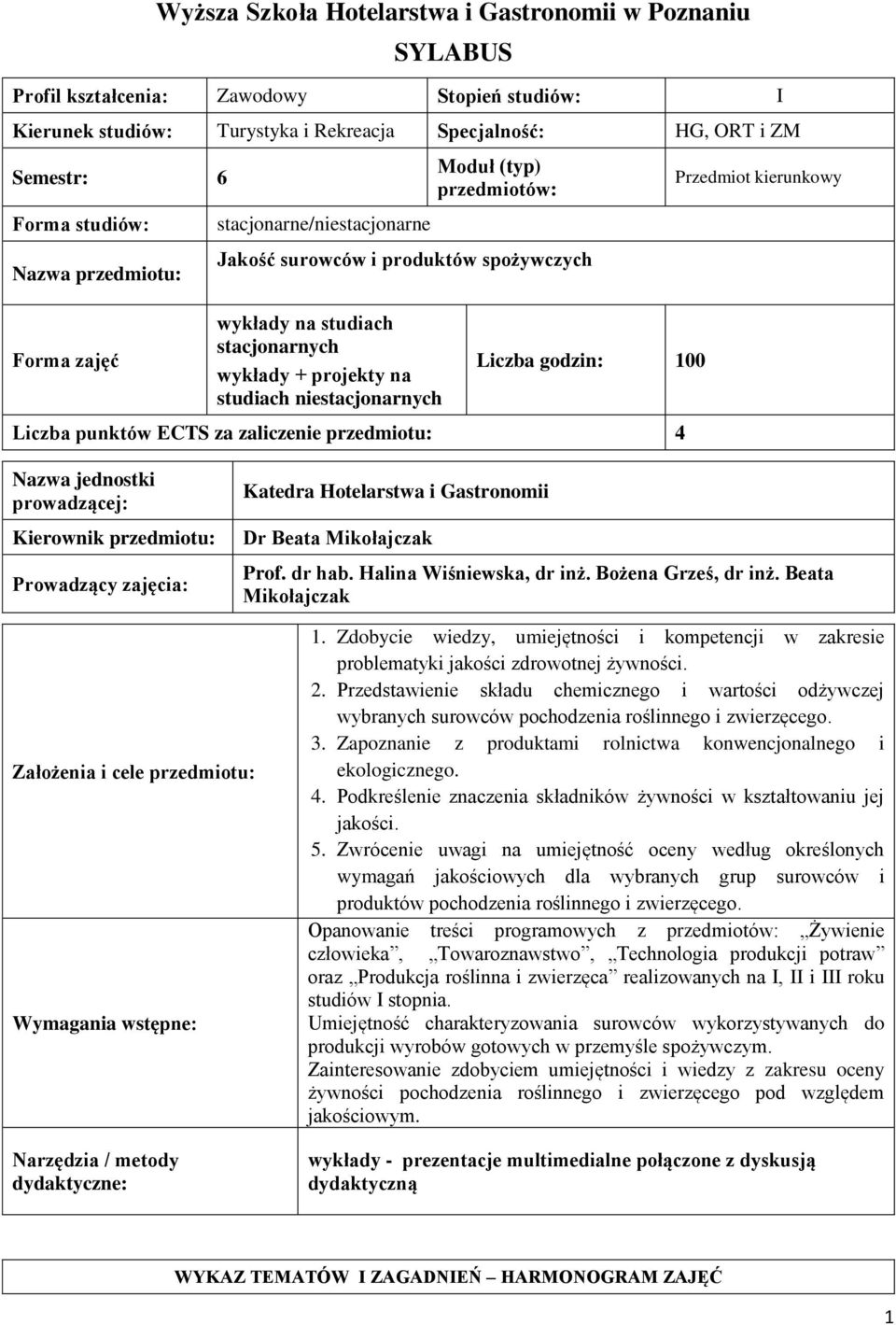 Liczba godzin: 100 Liczba punktów ECTS za zaliczenie przedmiotu: 4 Przedmiot kierunkowy Nazwa jednostki prowadzącej: Kierownik przedmiotu: Prowadzący zajęcia: Katedra Hotelarstwa i Gastronomii Dr