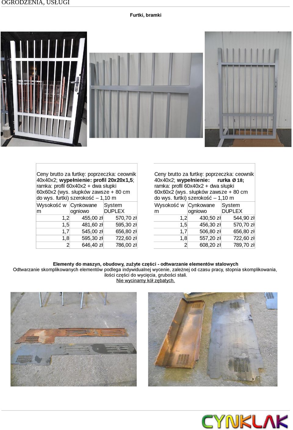 furtkę: poprzeczka: ceownik 40x40x2; wypełnienie: rurka Ø 18; ramka: profil 60x40x2 + dwa słupki 60x60x2 (wys. słupków zawsze + 80 cm do wys.