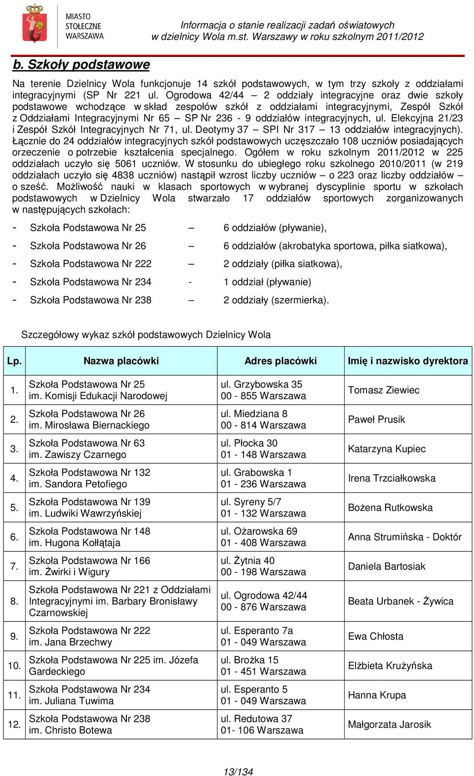 integracyjnych, ul. Elekcyjna 21/23 i Zespół Szkół Integracyjnych Nr 71, ul. Deotymy 37 SPI Nr 317 13 oddziałów integracyjnych).