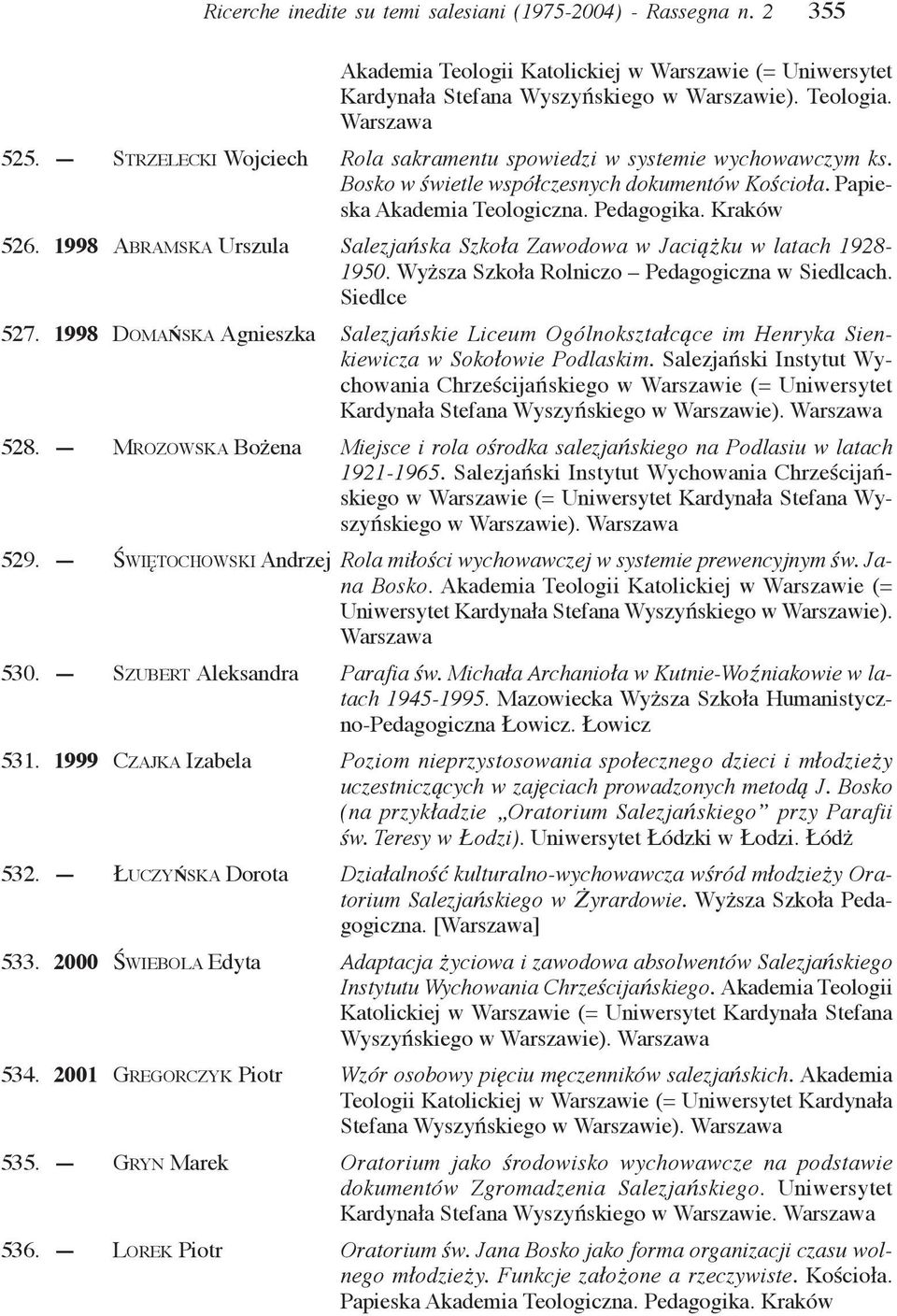 1998 ABRAMSKA Urszula Salezjańska Szkoła Zawodowa w Jaciążku w latach 1928-1950. Wyższa Szkoła Rolniczo Pedagogiczna w Siedlcach. Siedlce 527.