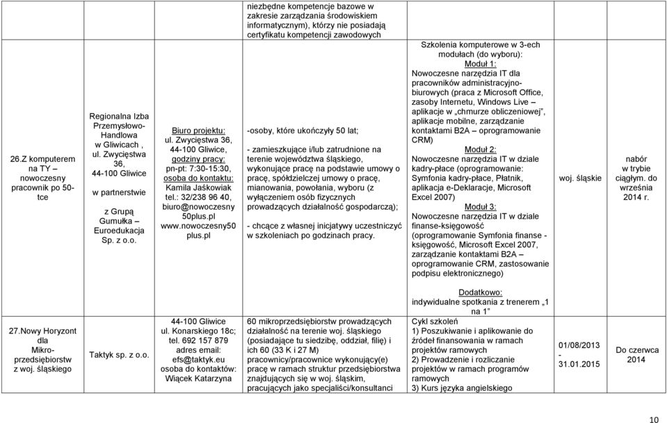 pl niezbędne kompetencje bazowe w zakresie zarządzania środowiskiem informatycznym), którzy nie posiadają certyfikatu kompetencji zawodowych osoby, które ukończyły 50 lat; zamieszkujące i/lub
