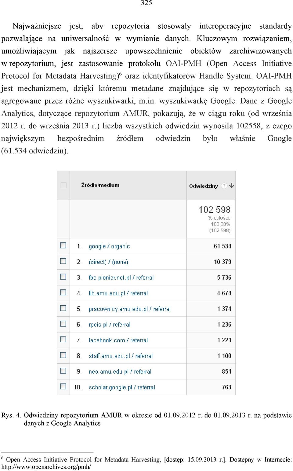 Harvesting) 6 oraz identyfikatorów Handle System. OAI-PMH jest mechanizmem, dzięki któremu metadane znajdujące się w repozytoriach są agregowane przez różne wyszukiwarki, m.in. wyszukiwarkę Google.