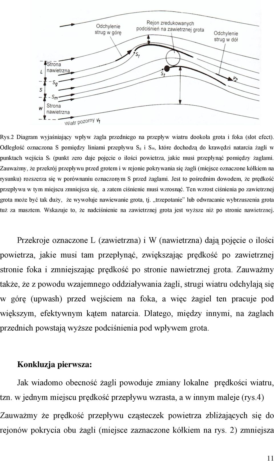 żaglami. Zauważmy, że przekrój przepływu przed grotem i w rejonie pokrywania się żagli (miejsce oznaczone kółkiem na rysunku) rozszerza się w porównaniu oznaczonym S przed żaglami.