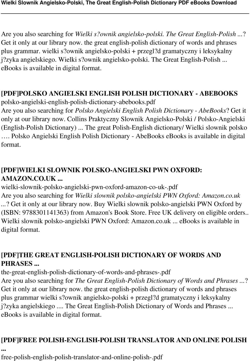 .. ebooks is [PDF]POLSKO ANGIELSKI ENGLISH POLISH DICTIONARY - ABEBOOKS polsko-angielski-english-polish-dictionary-abebooks.