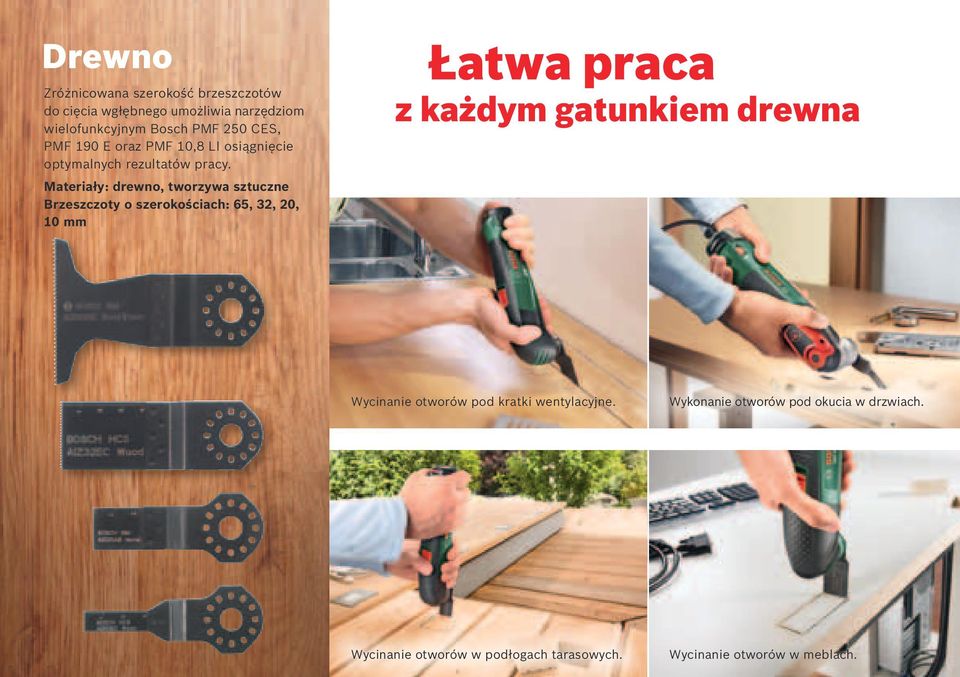 Materiały: drewno, tworzywa sztuczne Brzeszczoty o szerokościach: 65, 32, 20, 10 mm Łatwa praca z każdym gatunkiem