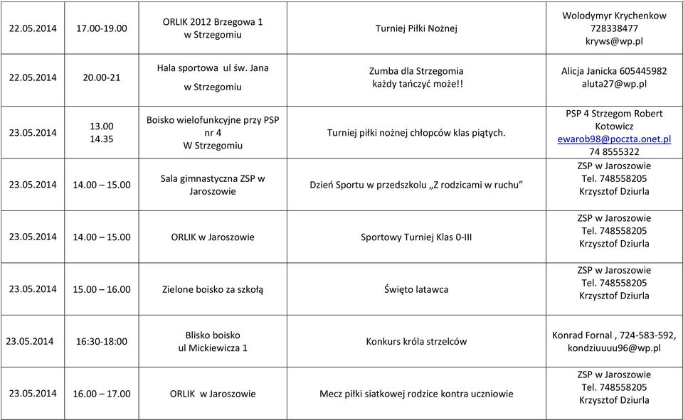 00 Boisko wielofunkcyjne przy PSP nr 4 W iu Sala gimnastyczna ZSP w Jaroszowie Turniej piłki nożnej chłopców klas piątych.