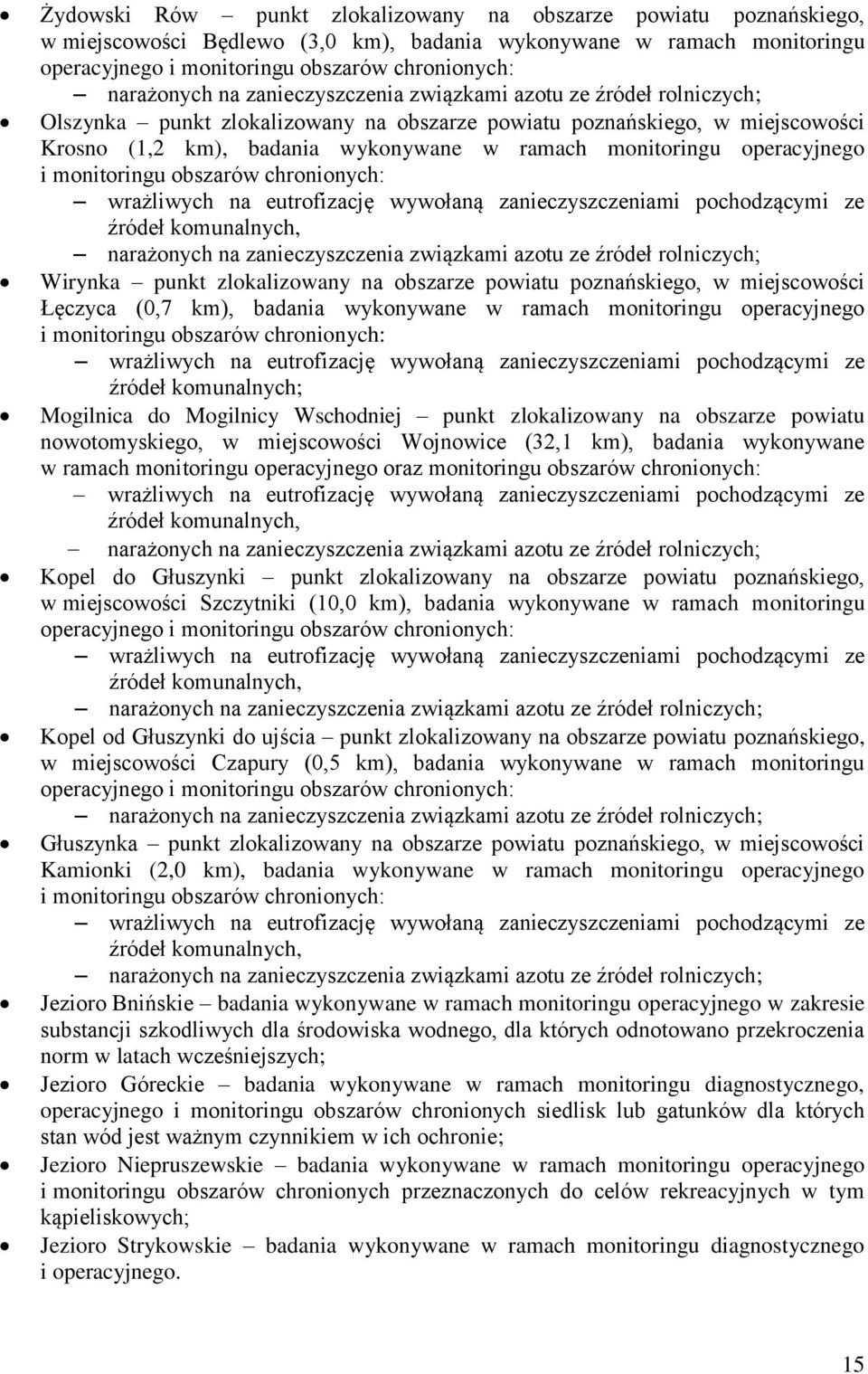 operacyjnego i monitoringu obszarów chronionych: wrażliwych na eutrofizację wywołaną zanieczyszczeniami pochodzącymi ze źródeł komunalnych, narażonych na zanieczyszczenia związkami azotu ze źródeł