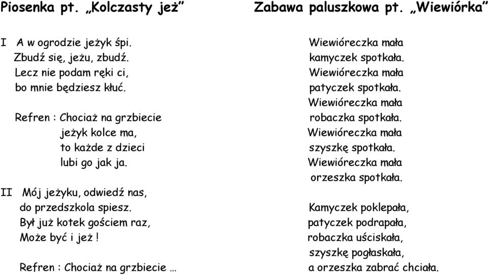 jeŝyk kolce ma, Wiewióreczka mała to kaŝde z dzieci szyszkę spotkała. lubi go jak ja. Wiewióreczka mała orzeszka spotkała.