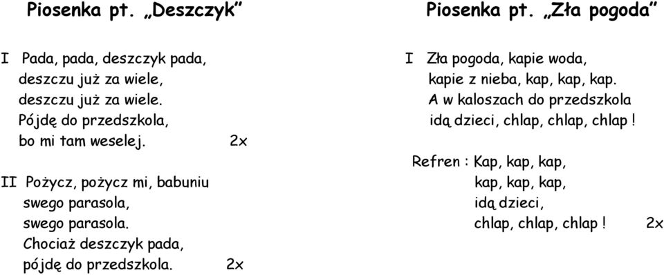 deszczu juŝ za wiele. A w kaloszach do przedszkola Pójdę do przedszkola, idą dzieci, chlap, chlap, chlap!