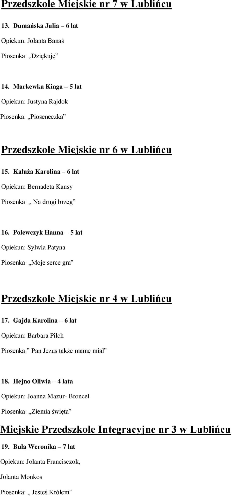 Kałuża Karolina 6 lat Opiekun: Bernadeta Kansy Piosenka: Na drugi brzeg 16.