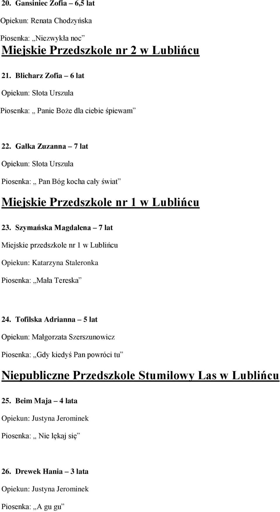 Gałka Zuzanna 7 lat Opiekun: Słota Urszula Piosenka: Pan Bóg kocha cały świat Miejskie Przedszkole nr 1 w Lublińcu 23.