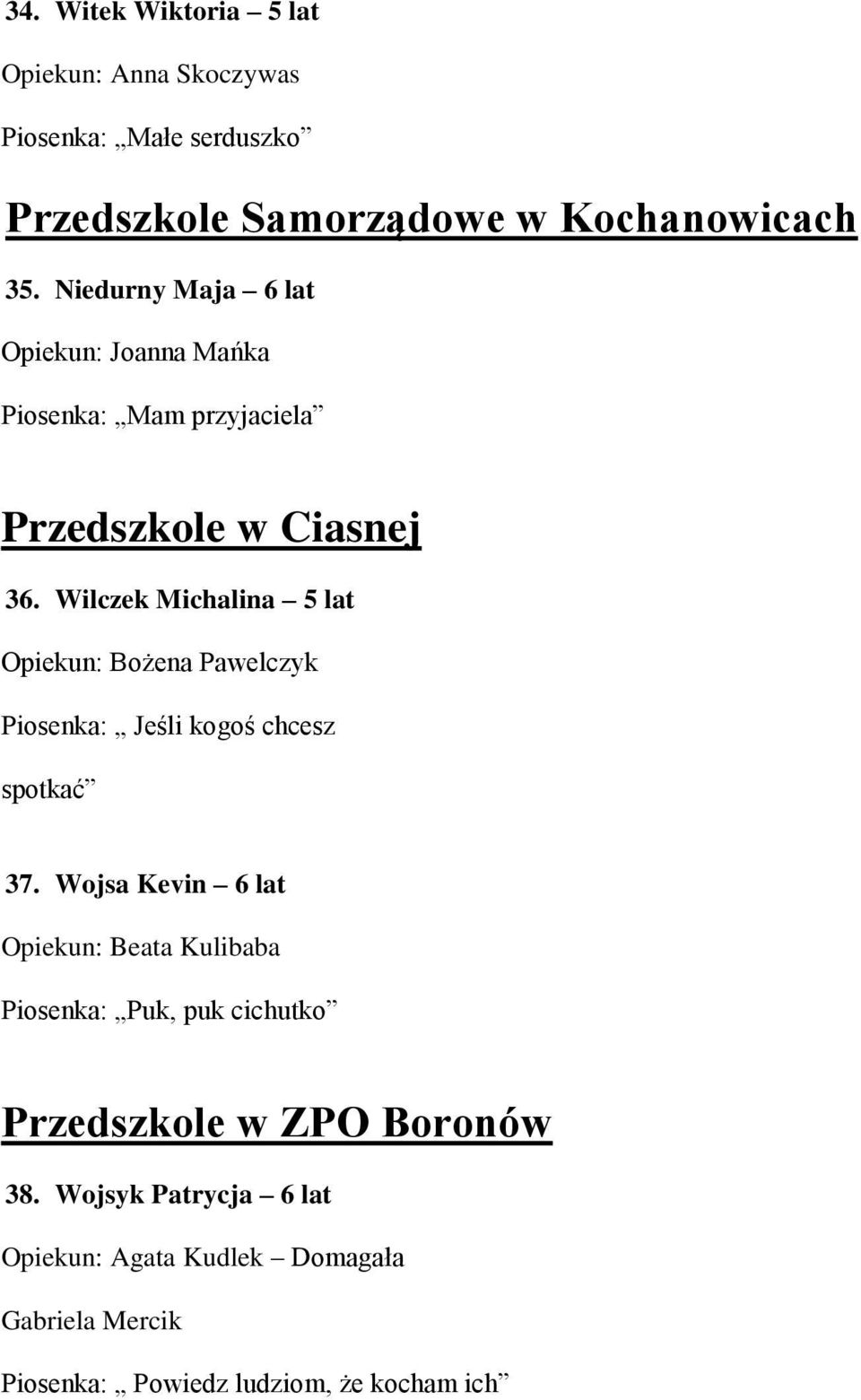 Wilczek Michalina 5 lat Opiekun: Bożena Pawelczyk Piosenka: Jeśli kogoś chcesz spotkać 37.