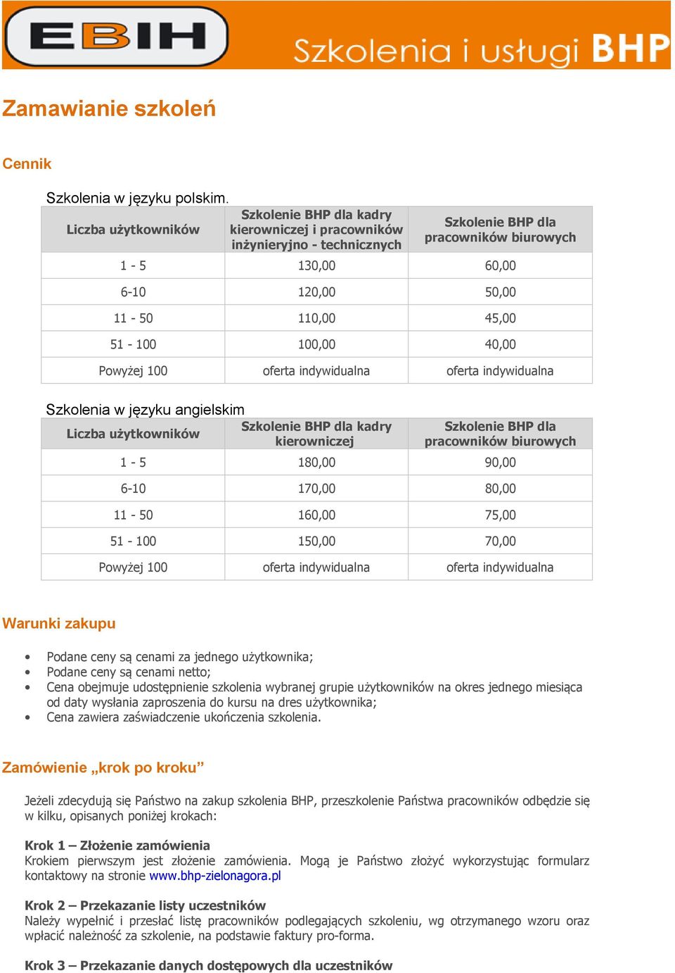 100,00 40,00 Powyżej 100 oferta indywidualna oferta indywidualna Szkolenia w języku angielskim Szkolenie BHP dla kadry Liczba użytkowników kierowniczej Szkolenie BHP dla pracowników biurowych 1-5