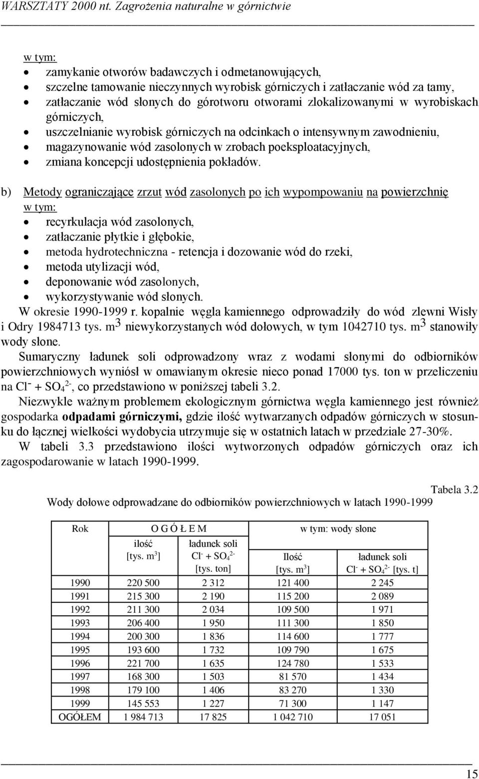 b) Metody ograniczające zrzut wód zasolonych po ich wypompowaniu na powierzchnię w tym: recyrkulacja wód zasolonych, zatłaczanie płytkie i głębokie, metoda hydrotechniczna - retencja i dozowanie wód
