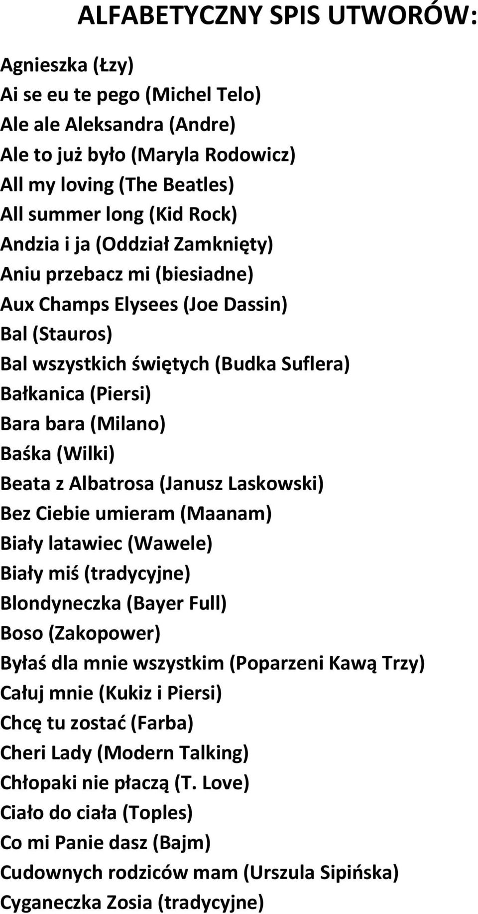 Albatrosa (Janusz Laskowski) Bez Ciebie umieram (Maanam) Biały latawiec (Wawele) Biały miś (tradycyjne) Blondyneczka (Bayer Full) Boso (Zakopower) Byłaś dla mnie wszystkim (Poparzeni Kawą Trzy) Całuj