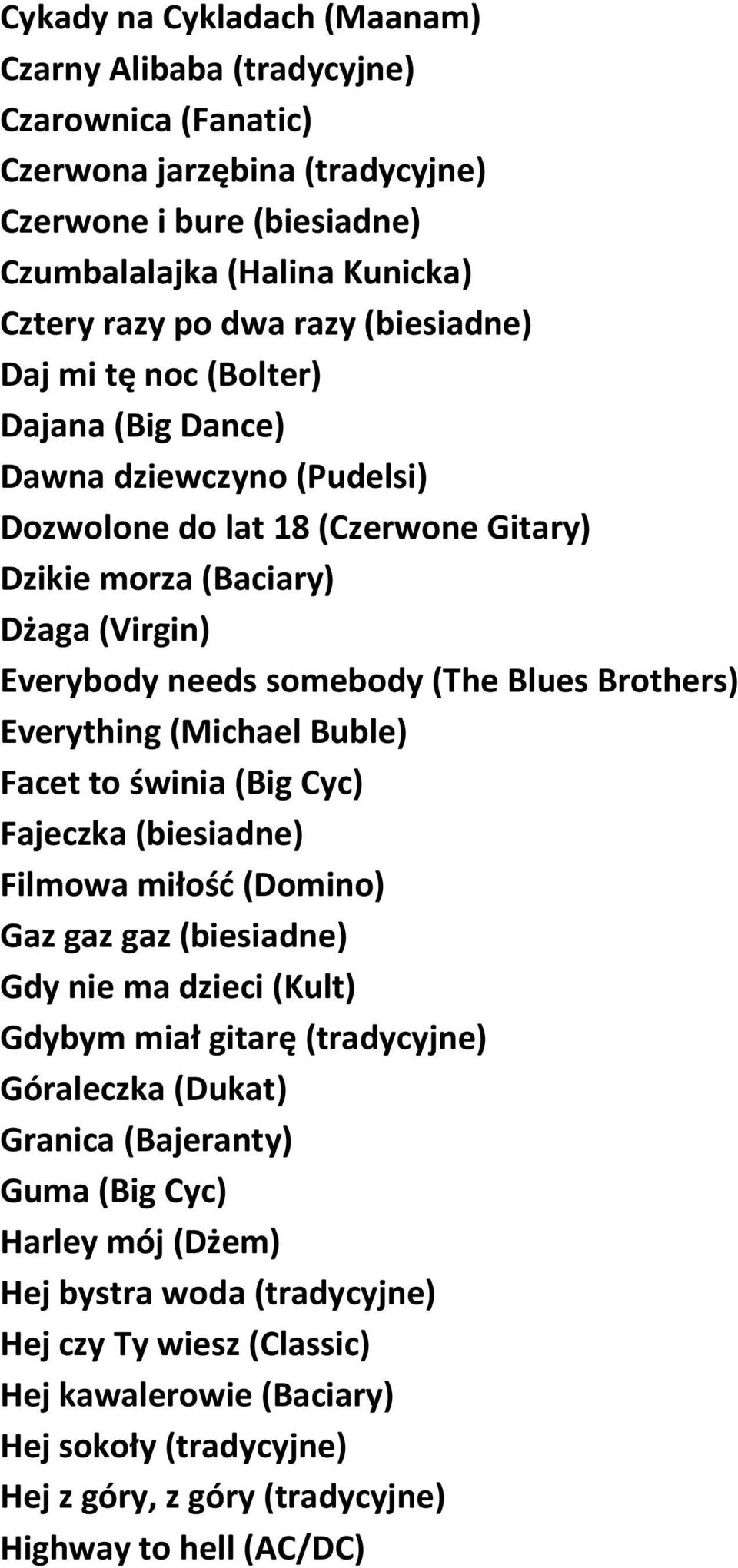 Brothers) Everything (Michael Buble) Facet to świnia (Big Cyc) Fajeczka (biesiadne) Filmowa miłość (Domino) Gaz gaz gaz (biesiadne) Gdy nie ma dzieci (Kult) Gdybym miał gitarę (tradycyjne) Góraleczka