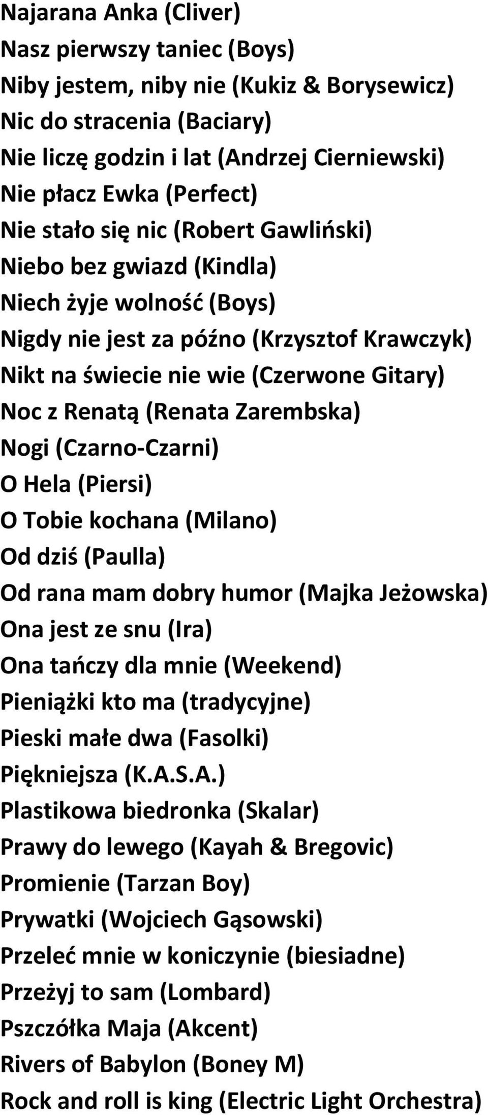 Zarembska) Nogi (Czarno-Czarni) O Hela (Piersi) O Tobie kochana (Milano) Od dziś (Paulla) Od rana mam dobry humor (Majka Jeżowska) Ona jest ze snu (Ira) Ona tańczy dla mnie (Weekend) Pieniążki kto ma