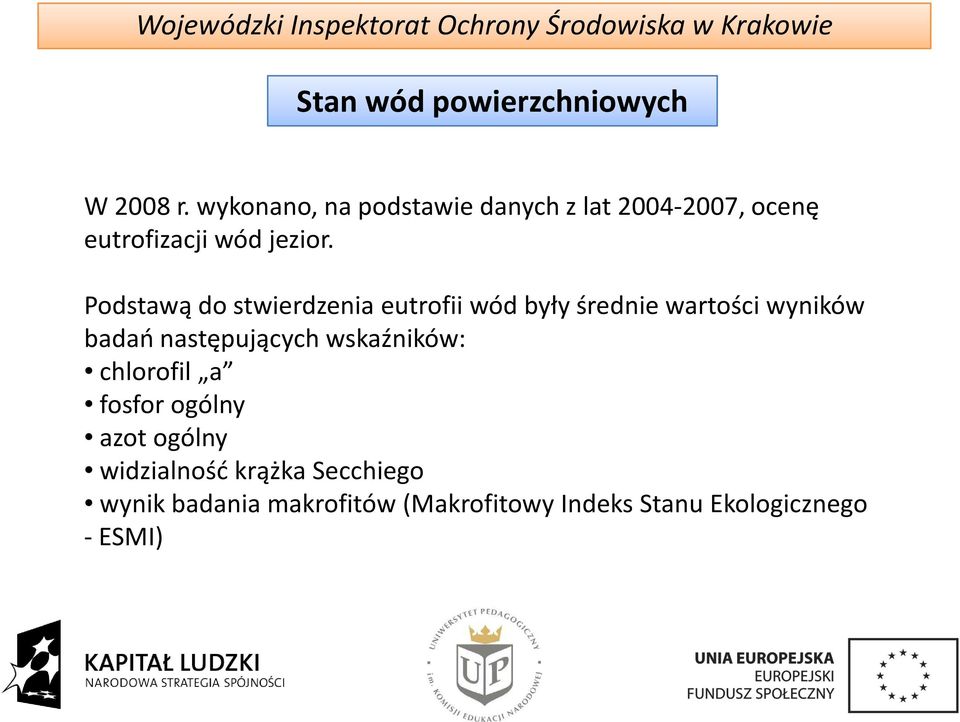 Podstawą do stwierdzenia eutrofii wód były średnie wartości wyników badań następujących