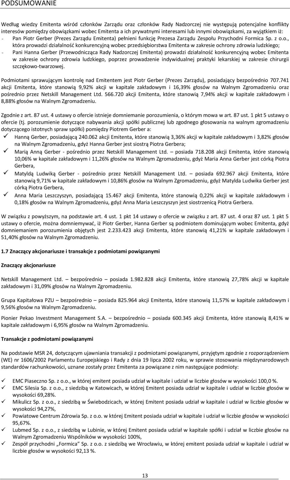 owiązkami, za wyjątkiem iż: - Pan Piotr Gerber (Prezes Zarządu Emitenta) pełnieni funkcję Prezesa Zarządu Zespołu Przychodni Formica Sp. z o.o., która prowadzi działalnośd konkurencyjną wobec