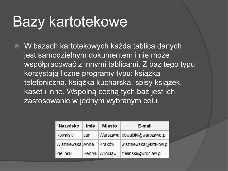 Z baz tego typu korzystają liczne programy typu: książka telefoniczna, książka