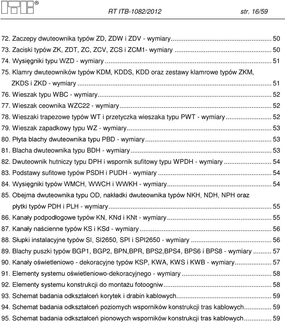 Wieszaki trapezowe typów WT i przetyczka wieszaka typu PWT - wymiary... 52 79. Wieszak zapadkowy typu WZ - wymiary... 53 80. Płyta blachy dwuteownika typu PBD - wymiary... 53 81.