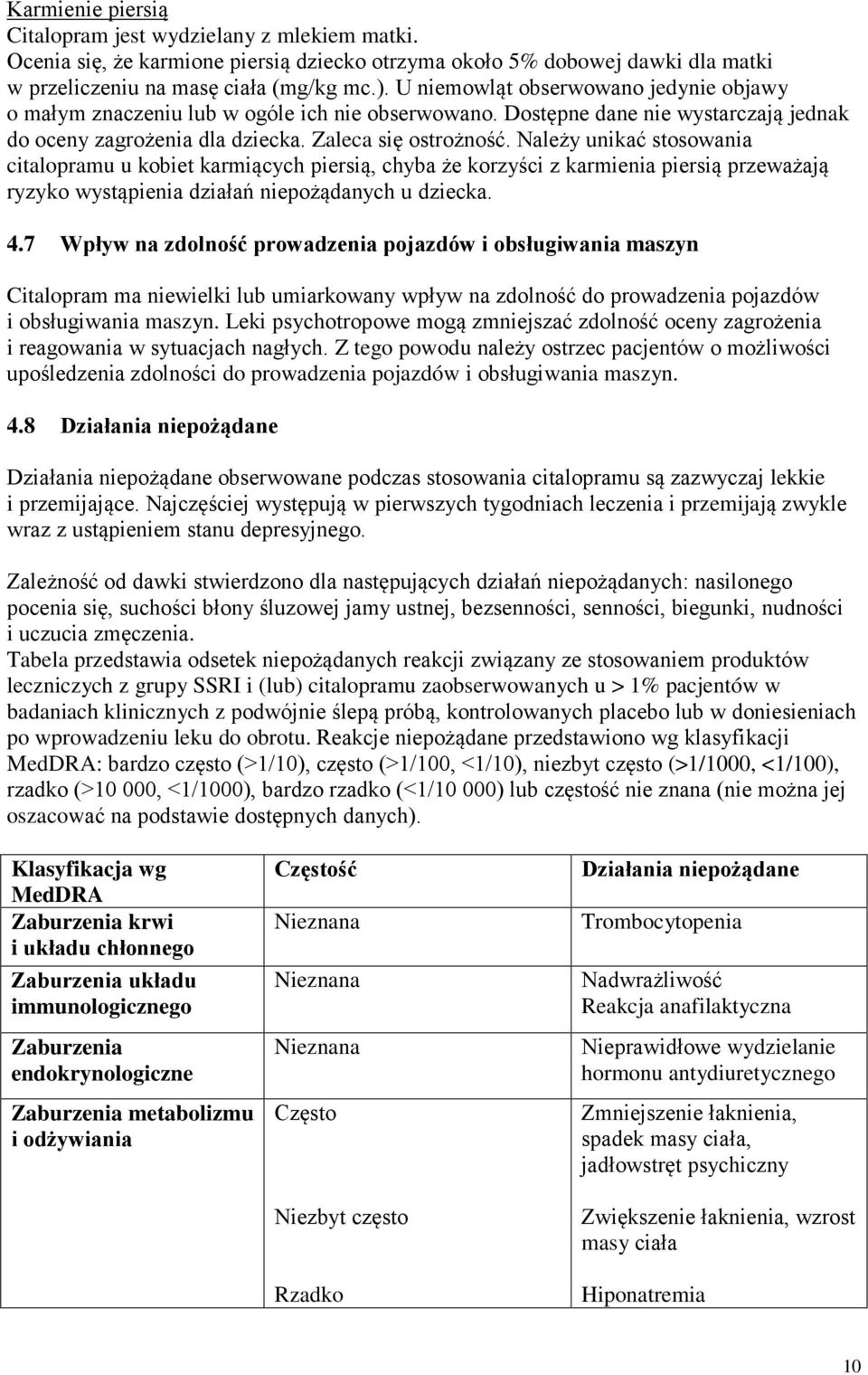 Należy unikać stosowania citalopramu u kobiet karmiących piersią, chyba że korzyści z karmienia piersią przeważają ryzyko wystąpienia działań niepożądanych u dziecka. 4.