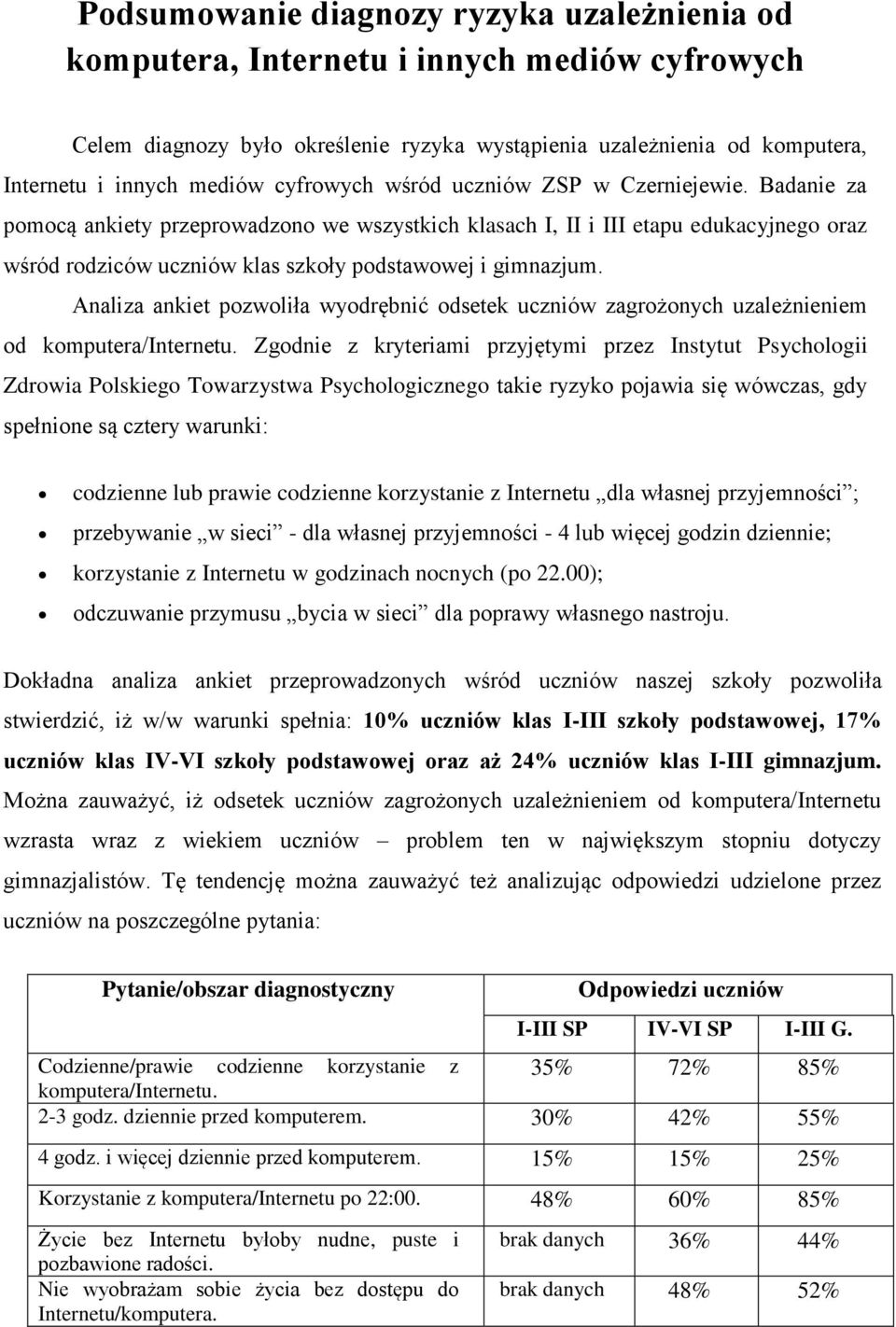 Badanie za pomocą ankiety przeprowadzono we wszystkich klasach I, II i III etapu edukacyjnego oraz wśród rodziców uczniów klas szkoły podstawowej i gimnazjum.